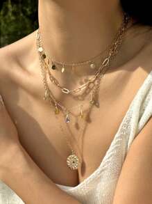 1 pièce Collier à franges géométrique circulaire, collier pendentif rond irrégulier à 4 couches avec franges en alliage et strass