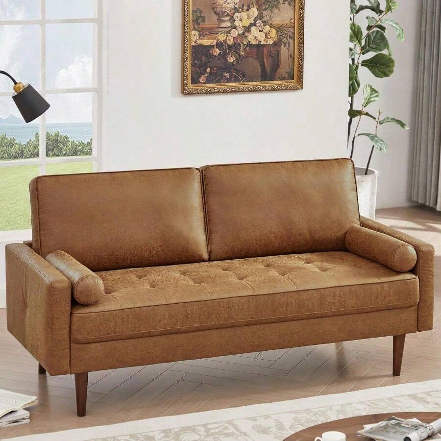 HIFIT 58" Loveseat Sofa Couch, Mid Century Modern Faux Leather Couch With Hand-Sewn Deep Love Seat & 2Pillows, Home Sofa Living Room Small Couches For Small Space,Bedroom,Office,Solid Wood Frame,Brown - 1 - 查看 1