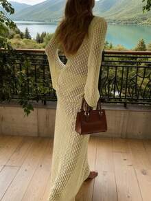 钩针编织V领露背褶皱腰身修身连衣裙，适合度假、女士时尚、优雅、性感、简约纯色休闲针织长裙，适合海滩、万圣节服装、白色泳装、时尚秋季、情人节、新年、年末、圣诞派对穿着。 - 芥末黃 - 查看 2