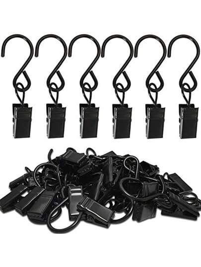 Stainless Steel S Hooks Curtain Clips, 50 Packs Hanging Party Lights Clips Hangers Gutter Photo, Art Craft Display, 2.4 Inch Long, Black Room Decor Bathroom Accessories Back To School