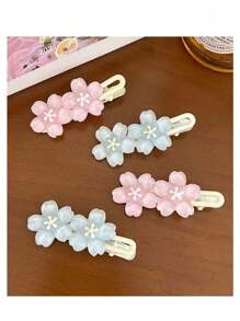 4pcs Romantic Sweet Pink/Blue Sakura Hair Clips, Cute Side Bangs Clips For Women, Y2K Fairy Decorative Hair Accessories, Ins Style, Hair Clip Card Paper Not Included, Suitable For Daily Use, Valentine's Day Gift Back To School