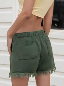 Womens Washed Denim Shorts, Casual Drawstring Elastic Waist Frayed Hem Loose Short Jeans