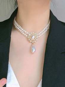 1pc Necklace And 1 Pair Earrings Elegant Vintage Oval Rhinestone Layered Faux Pearl Necklace And Earring Jewelry Set, Sophisticated Delicate Design, Suitable For Women's Daily And Festival Occasions