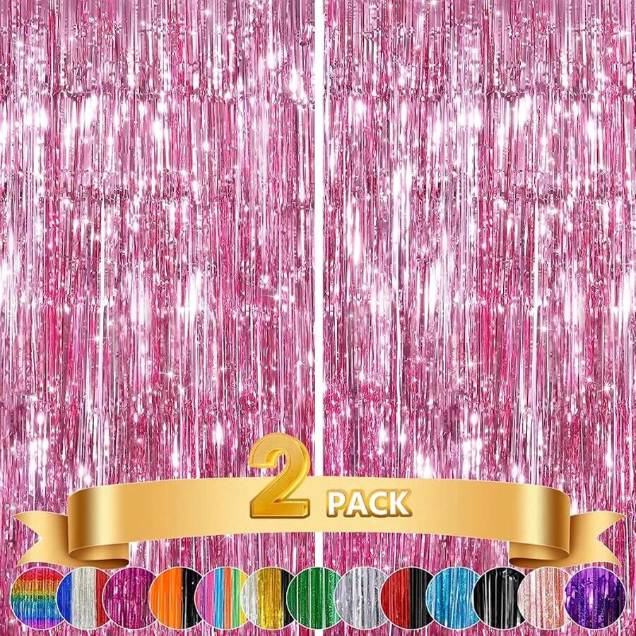 2Pack Silver Metallic Tinsel Foil Fringe Curtains, Door Streamer Photo Booth Backdrop Birthday Wedding, Graduation Engagement Bridal Shower Bachelorette Party Decorations Dancing Ball Party - 粉色 - 查看 1