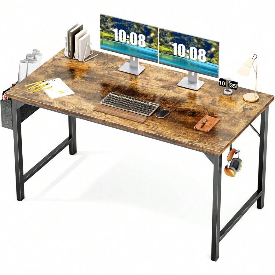 Escritorio de oficina y computadora OLIXIS, escritorio moderno de madera de 63 pulgadas para escribir, trabajar y estudiar con bolsa de almacenamiento y gancho para auriculares, simple para dormitorio, estudiantes o 2 personas, color marrón rústico - Marrón rústico - Ver 1