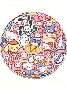 Sanrio 100Pcs Random Style Hello Kitty Cute Cartoon Character Stickers - Synthetic Paper Self-Adhesive & Reusable Decals For Journals Laptops DIY Crafts Waterproof Asymmetric Shapes(Some Parts May Be Random)