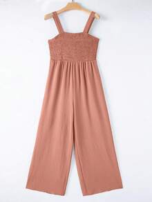 Acelitt 女士纯色方领褶裥拼接口袋休闲度假宽松阔腿无袖连体裤，夏季