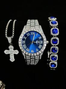 Conjunto de 3 piezas de reloj, collar y pulsera con Rhinestone, Reloj con correa de acero, calendario y caja de regalo para hombres y estudiantes, estilo hip-hop, conjunto de joyería de collar, pulsera y reloj de cumpleaños