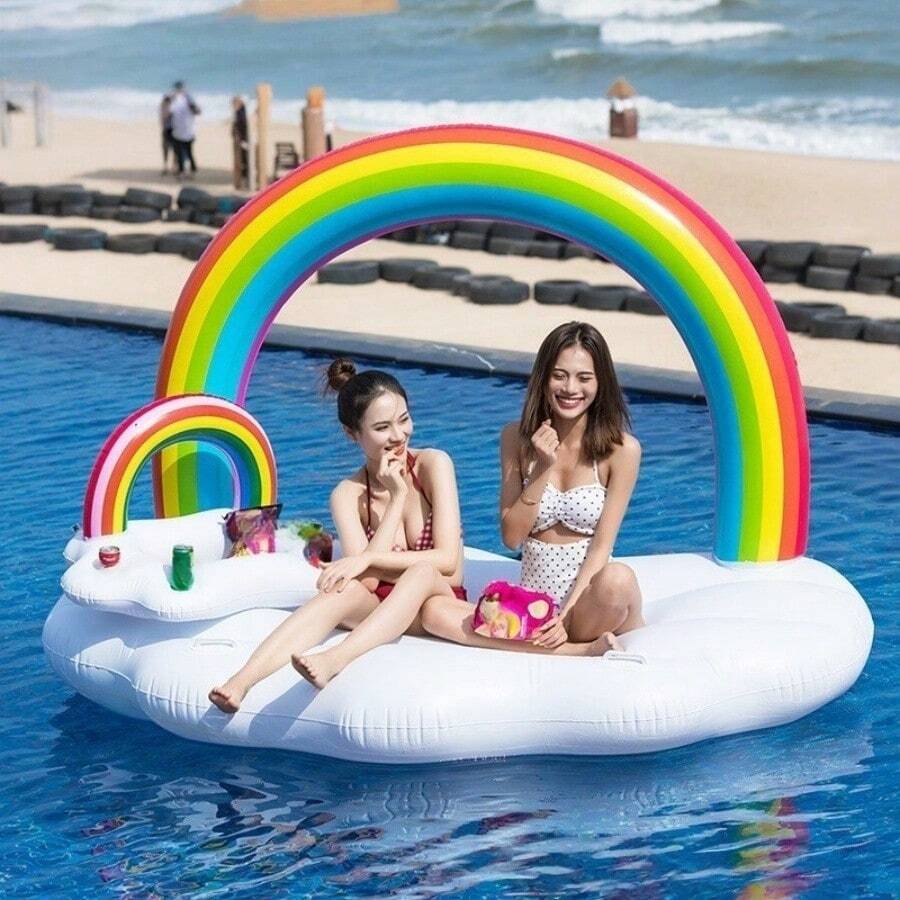 1pc Summer Women White Rainbow Inflatable Pool Float, Thick & Oversized PVC Adult Inflatable Cloud Pool Island, Suitable For Swimming Pools, Water Parks, Beaches, Water Parties, Asymmetrical Rainbow Colors, Beach Essentials, Beach Accessories - White - View 1