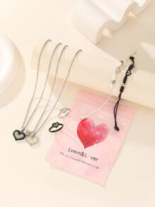 ATLVXJL 6pcs/Set Glow-In-The-Dark Heart Pendant Necklace, Bracelet, And Ring Set, Stainless Steel Magnetic Clasp Couple/Friendship Jewelry, Suitable For Everyday Wear And Valentine's Day Gift