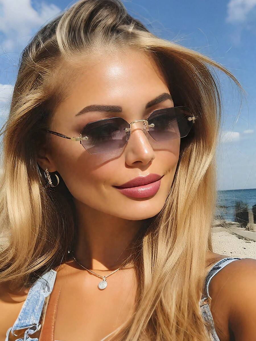 1 Cặp kính thời trang nữ gọng lục giác nhỏ không viền, tròng kính đổi màu, phù hợp cho dạo phố, du lịch, bãi biển, đi làm, phong cách du lịch cổ điển. - màu gradient - Xem 1