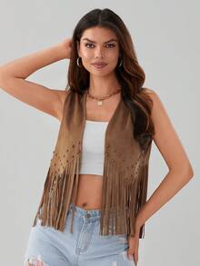 Women's Tassel Sleeveless Vest 70s Hippie Faux Suede Fringe Jacket Cardigan - Camel - View 1