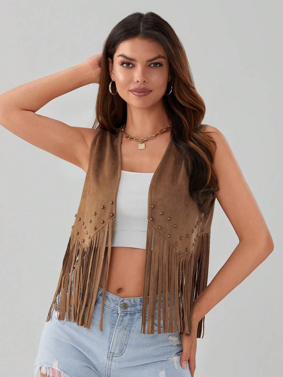 Women's Tassel Sleeveless Vest 70s Hippie Faux Suede Fringe Jacket Cardigan - Camel - View 1