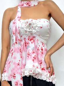 Women's Asymmetrical Floral Decor Strapless Vest With Scarf, Detachable, Vintage Y2K Streetwear