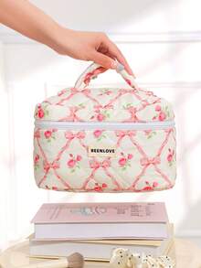 3pcs/1pc Quilted Bowknot & Rose Design Makeup Bag, Fashion Portable Cosmetic Pouch, Pink Makeup Case, Multi-Functional Organizer Bag, Large Capacity Cute Toiletry Bag, Travel Organizer, Mini Brush Holder Handbag, Printed Wash Bag For Lipstick, Brush, Skincare, Phone, Coins, Small Items, For Home, Gift, Holiday And Festival Like Halloween, Christmas