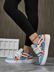 Comfortable And Stylish Outdoor Leisure Shoes, Suitable For City Walking, Commuting, Fitness And Traveling, Round Toe Low Top Color Block Lace-Up Chunky Sneakers, Versatile And Perfect For Holidays Gift Women Sports Shoes - 白藍桔 - 查看 5