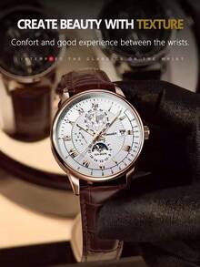 1pc Mature Men's Watches Gift Classic Brown Leather Strap Business Elite Style Roman Scale Calendar Function Japan Imported Automatic Quartz Movement Birthday Gift For Men Graduation Wedding Souvenir