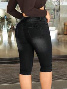 Women's Button Waist Belt Loop Pocket Streetwear Elastic Single-Breasted Denim Pants - Black - View 7