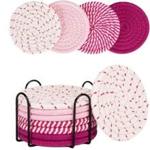 4 Or 8 Drink Coasters, Round Woven Coasters, Absorbent Drink Coasters, Handwoven Fabric Coasters, Set With A Tray, Bohemian Style, Does Not Include Stand.