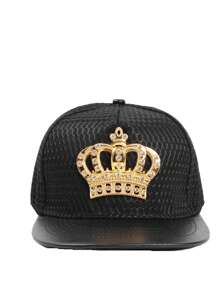 1pc Men's Metal Crown Decor PU Brim Casual Snapback Hat, Adjustable Sun Protection Outdoor Hat, Spring & Autumn