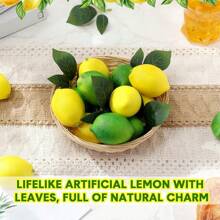 12 Pcs Fake Lemon Limes Artificial Fruits Yellow Green Faux Lemon Limes Mix Set With 10 Pcs Leaves 1 Pc Woven Basket Lifelike Fake Fruits Decor For Kitchen Party Table Photo Prop Home