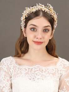 1 件优雅珍珠水晶头带发夹，适合女士，新娘婚礼配饰，浪漫奢华装扮珠宝，适合舞会、派对和活动 - 彩色 - 查看 1