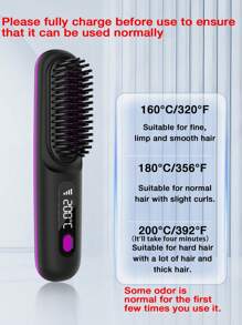 Brosse lissante sans fil, peigne chauffant portable à ions négatifs avec longue durée de vie de la batterie, rechargeable via USB, chauffe rapidement avec 3 réglages de température, anti-brûlure, arrêt automatique en 12 minutes, pour le voyage (2600 mAh)
