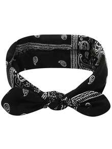 1 件宽女士兔耳头带，可爱甜美纯色女孩发带，弹性打结蝴蝶结装饰发饰头巾头带吸汗带 - 黑與白 - 查看 8