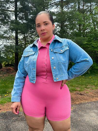 Hourglow Cardis.Ego Plus Size Women Single-Breasted Cargo Pocket Casual Denim Jacket, For Hourglass Body Shape