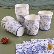 10pcs/20pcs/40pcs/Set Blue Flower Paper Cups, 9oz Disposable Pink & White Floral Print Chinese Style Drinking Cups, Suitable For Hot & Cold Beverages, Bridal Shower, Birthday Party Supplies - Blue - View 7
