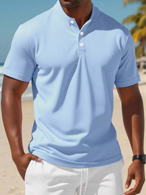 Heren nieuw zomer T-shirt met opstaande kraag en korte mouwen, effen polo casual top