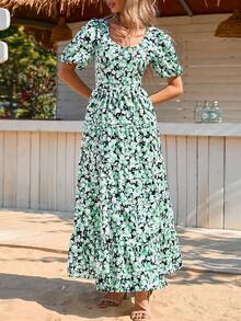 Women's Dress, Puffed-Sleeve Floral Casual Summer Dress, Pleated Back, Beach Flowing, Layered Long Sundress - Nền đen với hoa màu xanh lá cây - Xem 4