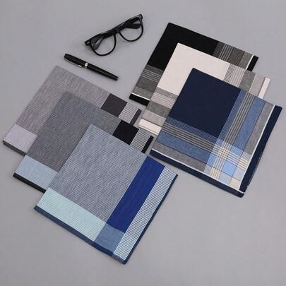 6条装男士手帕，撞色格纹手帕，大号薄款吸水手巾，绅士西装口袋巾，婚礼/父亲节礼物，商务活动伴手礼，配饰，节日礼品