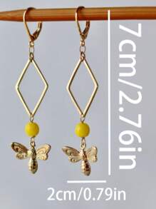 2pcs Stylish Bee Rhombus Design Metal Golden Color Pendant Earrings For Women, Suitable For Garden Party, Outings, Daily Wear