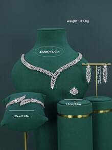 5pcs/Set White Gold Plated Dubai Royal Style Leaf Design Wedding Bridal Jewelry Set, Handset White Cubic Zirconia, Include Necklace, Bracelet, Earrings, Ring, Suitable For Daily Wedding Wear, Wedding Anniversary Gift (High-End Gift Box Packaging) Free Gift