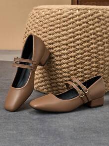 MonaNise 女士 3 厘米布面高跟经典玛丽珍平底鞋，黑色、藏青色、咖啡色、酒红色，适合所有季节的百搭休闲鞋 - 卡其色 - 查看 2