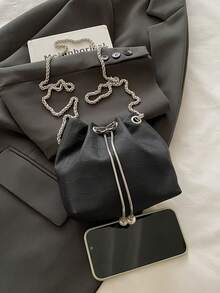 1pc Chain Drawstring Closure PU Solid Color Bucket Bag With Metal, Pearl, Bow Decor, Women Pleated Shoulder/Crossbody Purse, Fashion Gift Bag For Party, Date, Shopping, Daily Use - Black - View 9