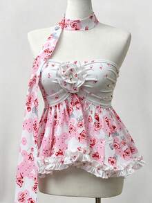 女士不对称花卉装饰无肩带上衣，配可拆卸围巾，复古Y2K街头服饰