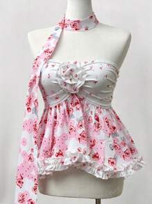 Women's Asymmetrical Floral Decor Strapless Vest With Scarf, Detachable, Vintage Y2K Streetwear