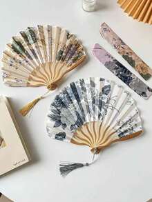 1pc Folding Fan Hand Held Fans Wooden Folding Fan Handheld Folding Fan Chinese Style For Church Wedding Gift Vintage Home Decor Handheld,Vintage Floral Hand-Held Folding Fan With Tassel,Chinese Vintage Bamboo Fan,Elegant Folding Fan,Women Hand Held Folding Fan,Chinese Traditional Hand Fan, Wedding Gift, - Beige - View 4