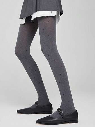 1pc Velvet Black Polka Dot Pantyhose, Vintage Fashionable Wear, Grey Tights, Cozy