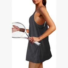 Womens Tennis Dress Workout Mini Dress With Shorts Sleeveless Spaghetti Straps Golf Athletic Dresses Mini Romper Dress Casual Workout Outfits - Màu xám đen - Xem 3