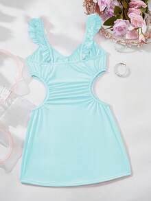 女士荷叶边短袖牛奶丝镂空露脐紧身连衣裙，娃娃裙，性感内衣，性感内衣连衣裙，派对夜店装 - 薄荷藍 - 查看 6