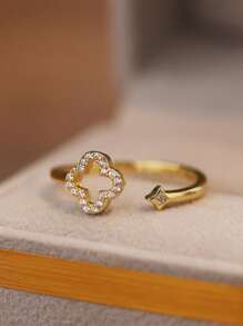 1 anel aberto elegante e exclusivo de prata esterlina com zircônia cúbica e trevo de quatro folhas, adequado como presente para mulheres e para uso diário