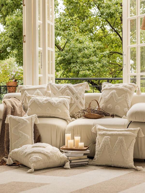 1 pièce Housse de coussin décoratif de style bohème, housse de coussin à boules moelleuses à points de vague en chenille sans rembourrage, blanc pour fenêtre, canapé, salon