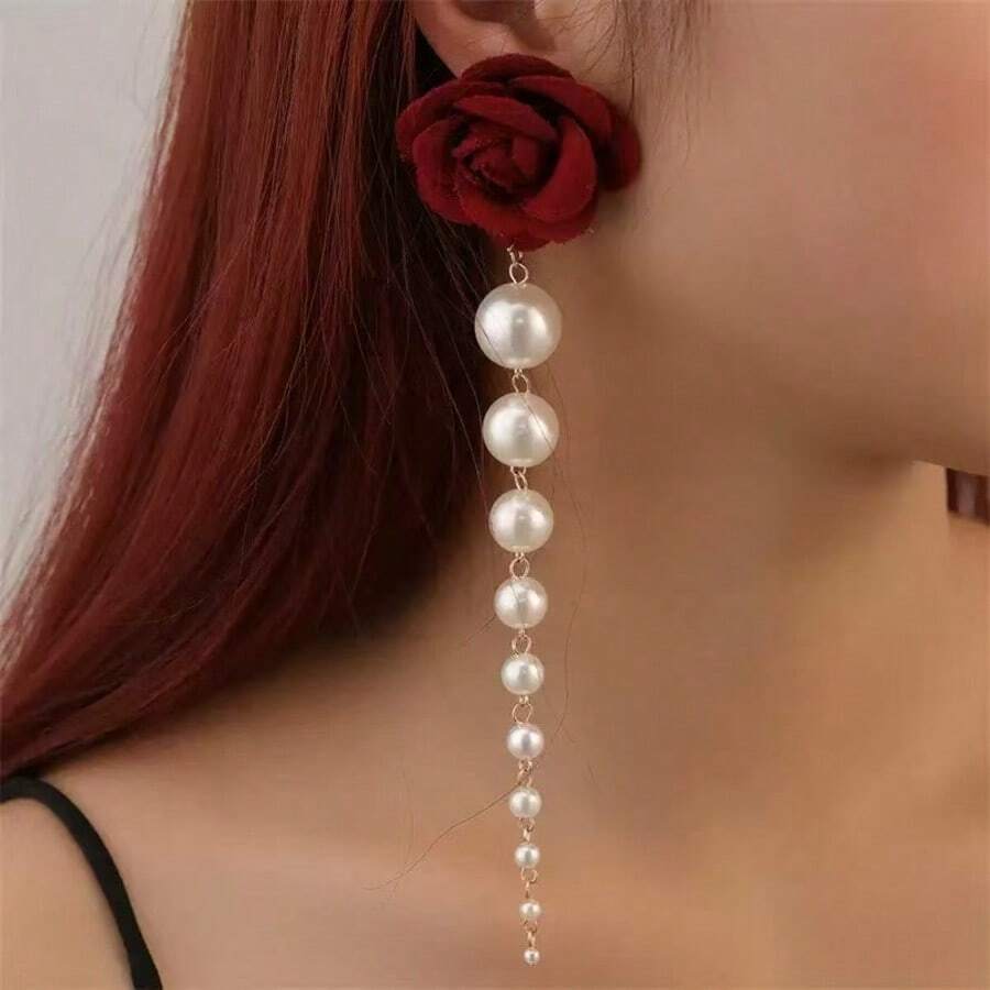1 对优雅玫瑰花仿珍珠流苏耳环，女士时尚派对配饰 - 紅色 - 查看 1