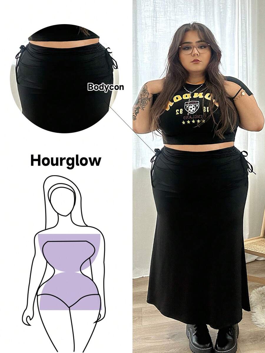 Hourglow Langes schwarzes Sommerrock in großen Größen mit hoher Taille, seitlichem Tunnelzug-Bund und plissiertem Saum im Fischschwanz-Stil - Schwarz - Übersicht 1