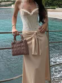 Women's Solid Color Casual Elegant Knotted Waist Tie Satin Skirt, Suitable For Party And Evening Date