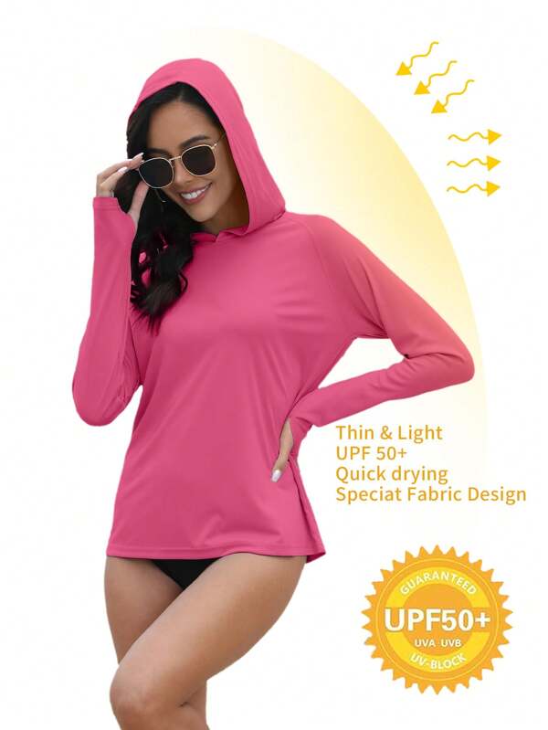 Women's UPF 50+ UV Protection Hooded Long Sleeve Shirt With Thumb Hole, Lightweight Performance Fabric For Outdoor Activities Like Running, Hiking, Fishing