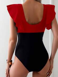 Women's Flutter Sleeve One Piece Swimsuit With Crisscross Mesh Panel Detail And Deep V-Neckline - Red - View 2